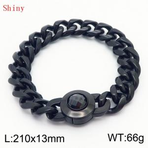 Fashionable and personalized stainless steel 210 × 13mm Cuban Chain Polished Round Buckle Inlaid with Black Glass Diamond Charm Black Bracelet - KB170929-Z