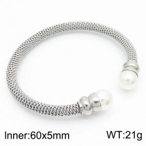 European and American minimalist fashion stainless steel twisted wire pearl C-shaped adjustable charm silver bracelet - KB170982-QY