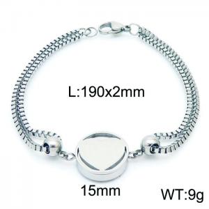 190mm Women Stainless Steel Box Chain Bracelet with Love Heart Disc Charm - KB171157-Z,KB171158-Z