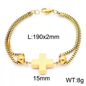 190mm Women Gold-Plated Stainless Steel Box Chain Bracelet with Christian Cross Charm - KB171170-Z