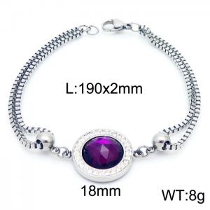190mm Women Stainless Steel&Rhinestones Box Chain Bracelet with Purple Zircon Charm - KB171176-Z