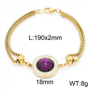 190mm Women Gold-Plated Stainless Steel&Rhinestones Box Chain Bracelet with Purple Zircon Charm - KB171182-Z