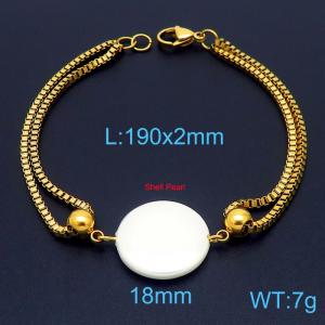 190mm Women Gold-Plated Stainless Steel Box Chain Bracelet with Round Shell Pearl Charm - KB171184-Z
