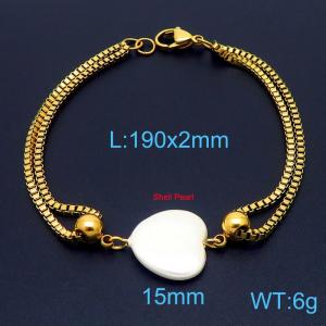 190mm Women Gold-Plated Stainless Steel Box Chain Bracelet with Love Heart Shell Pearl Charm - KB171186-Z
