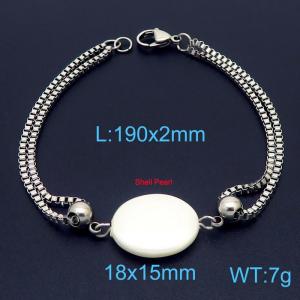 190mm Women Stainless Steel Box Chain Bracelet with Oval Shell Pearl Charm - KB171187-Z
