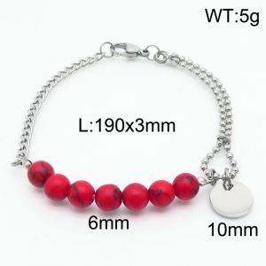 Stainless steel mixed chain connection 6mm red agate handmade beaded circular logo pendant with lobster clasp fashionable silver bracelet - KB171207-Z