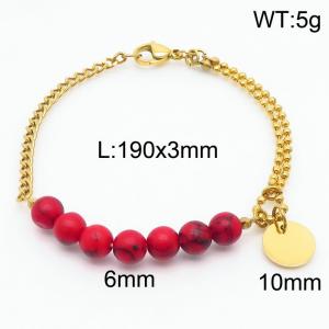 Stainless steel mixed chain connection 6mm red agate handmade beaded circular logo pendant with lobster clasp fashionable gold bracelet - KB171208-Z