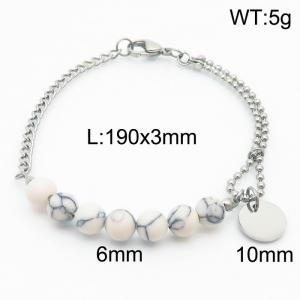 Stainless steel mixed chain connection 6mm white agate handmade beaded circular logo pendant with lobster clasp fashionable silver bracelet - KB171209-Z