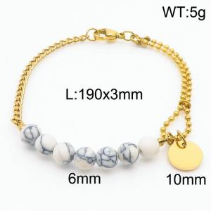 Stainless steel mixed chain connection 6mm white agate handmade beaded circular logo pendant with lobster clasp fashionable gold bracelet - KB171210-Z