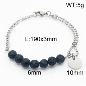 Stainless steel mixed chain connection 6mm natural black volcanic stone handmade beaded circular logo pendant with lobster clasp fashionable silver bracelet - KB171211-Z