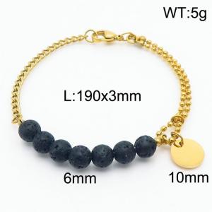 Stainless steel mixed chain connection 6mm natural black volcanic stone handmade beaded circular logo pendant with lobster clasp fashionable gold bracelet - KB171212-Z