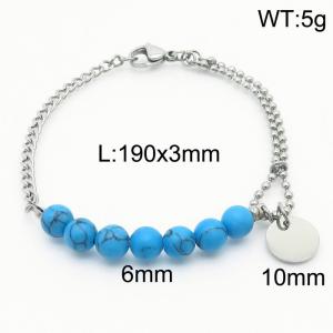 Stainless steel mixed chain connection 6mm blue agate handmade beaded circular logo pendant with lobster clasp fashionable silver bracelet - KB171213-Z