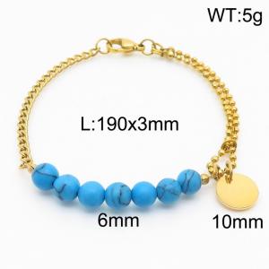 Stainless steel mixed chain connection 6mm blue agate handmade beaded circular logo pendant with lobster clasp fashionable gold bracelet - KB171214-Z