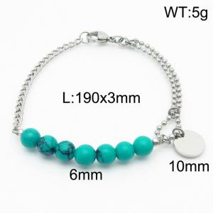 Stainless steel mixed chain connection 6mm cyan agate handmade beaded circular logo pendant with lobster clasp fashion silver bracelet - KB171215-Z