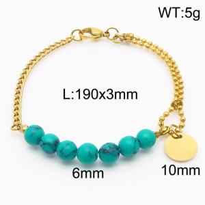 Stainless steel mixed chain connection 6mm cyan agate handmade beaded circular logo pendant with lobster clasp fashion gold bracelet - KB171216-Z