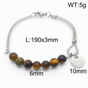 Stainless steel mixed chain connection 6mm tiger eye stone agate handmade beaded circular logo pendant lobster clasp fashion silver bracelet - KB171217-Z