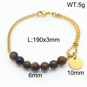 Stainless steel mixed chain connection 6mm tiger eye stone agate handmade beaded circular logo pendant lobster clasp fashion gold bracelet - KB171218-Z