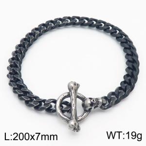 Fashion stainless steel 200×7mm Cuban Chain Skull Head Antique Silver OT Buckle Style Retro Black Bracelet - KB179416-Z