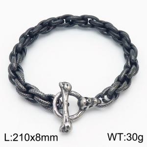 Fashion 210×8mm Embossed Twisted Chain Skull Head Ancient Silver OT Buckle Style Retro Black Bracelet - KB179424-Z