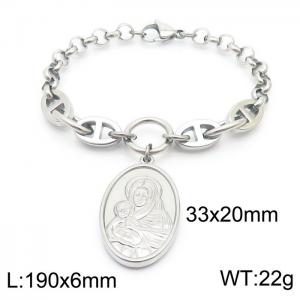 Fashion stainless steel 190 × 6mm Mixed Splice Chain Hanging Mother Child Statue Oval Pendant Charm Silver Bracelet - KB179489-Z