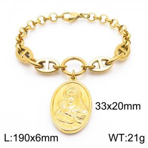 Fashion stainless steel 190 × 6mm Mixed Splice Chain Hanging Mother Child Statue Oval Pendant Charm Gold Bracelet - KB179490-Z