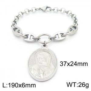 Fashion stainless steel 190×6mm Mixed Splice Chain Embossed Virgin Oval Pendant Charm Silver Bracelet - KB179491-Z