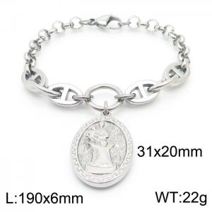 Fashion stainless steel 190×6mm Mixed Splice Chain Hanging Mother and Child Female Statue Oval Pendant Charm Silver Bracelet - KB179495-Z
