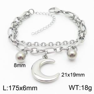 Fashion stainless steel 200 × 3mm mixed double layer chain suspension crescent and steel bead accessory temperament silver bracelet - KB179508-Z