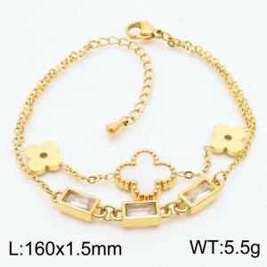 1.5mm Four-leaf Clover Charm Double Layers Bracelet For Women Stainless Steel Rectangular Zircon Bracelet Gold Color - KB179548-HM