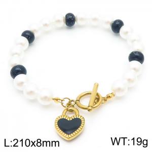 Diamond Heart Gold Pendant Stainless Steel Pearl ot Buckle Bracelet - KB179792-SP