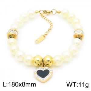 Diamond Heart Gold Pendant Stainless Steel Pearl Bracelet - KB179794-SP