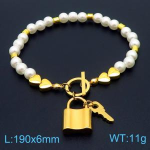 Creative and personalized gold lock key ot chain pearl stainless steel bracelet - KB179797-SP