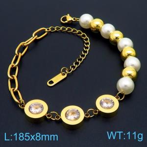 Diamond chain splicing pearl gold stainless steel bracelet - KB179799-SP