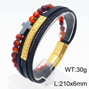 Stainless Steel Cowhide Bracelet With Red Beads Cross Gold Color - KB179984-YA