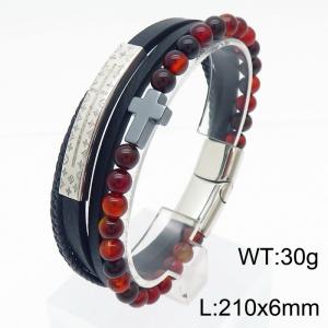 Stainless Steel Cowhide Bracelet With Red Beads Cross Silver Color - KB179985-YA
