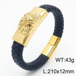 21cm Lion Head Personalized Genuine Leather Bracelet Stainless Steel Gold Plated Bracelet - KB179988-YY