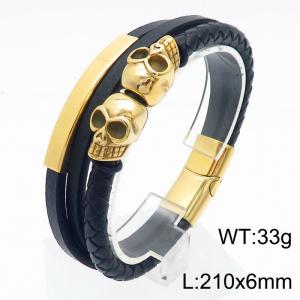 21cm stainless steel gold-plated skull head woven multi-layer stainless steel leather bracelet - KB180010-YY