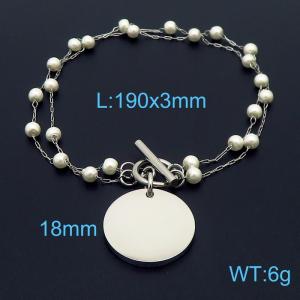 Double layer pearl chain circular pendant OT buckle stainless steel bracelet - KB180375-Z
