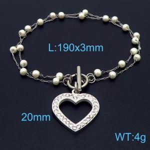 Double layer pearl chain hollow heart pendant OT buckle stainless steel bracelet - KB180376-Z