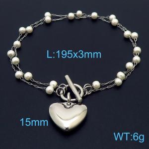 Double layer pearl chain love pendant OT buckle stainless steel bracelet - KB180377-Z