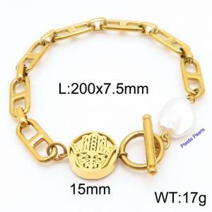 Japanese character chain palm pendant OT buckle pearl gold stainless steel bracelet - KB180380-Z