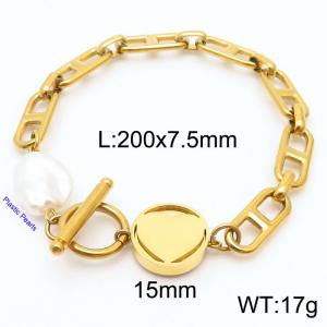 Japanese Character Chain Love Circle Pendant OT Buckle Pearl Gold Stainless Steel Bracelet - KB180381-Z