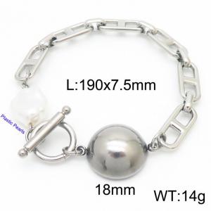 Japanese character chain half round pendant OT buckle pearl steel color stainless steel bracelet - KB180393-Z
