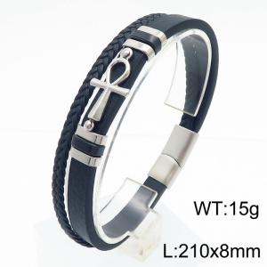 Double layer woven leather rope, ten shaped steel color magnetic buckle, stainless steel bracelet - KB180738-JR