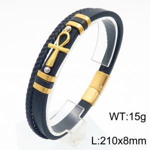 Double layer woven leather rope ten shaped gold magnetic buckle stainless steel bracelet - KB180739-JR