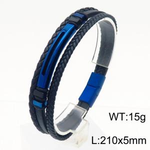 Multi layer woven leather rope blue stainless steel bracelet - KB180741-JR