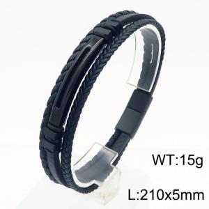 Multi layer woven leather rope black stainless steel bracelet - KB180745-JR