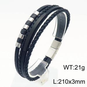 Multi layer woven leather rope magnetic buckle steel color stainless steel bracelet - KB180746-JR