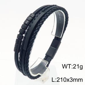 Multi layer woven leather rope magnetic buckle black stainless steel bracelet - KB180747-JR