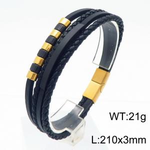 Multi layer woven leather rope magnetic buckle gold stainless steel bracelet - KB180748-JR